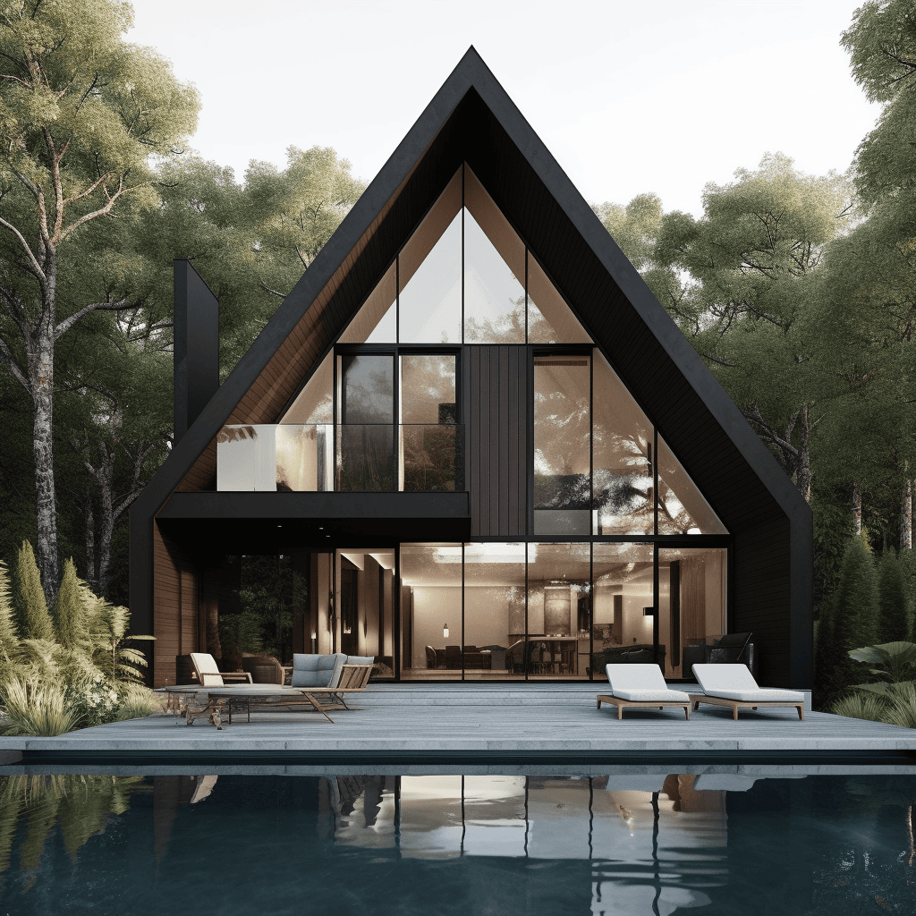 AI prompt - Hyper realistic, modern minimalist Scandinavian semi A - frame, two storey house, black roof and walls, narrow lot with roof deck and infinity pool