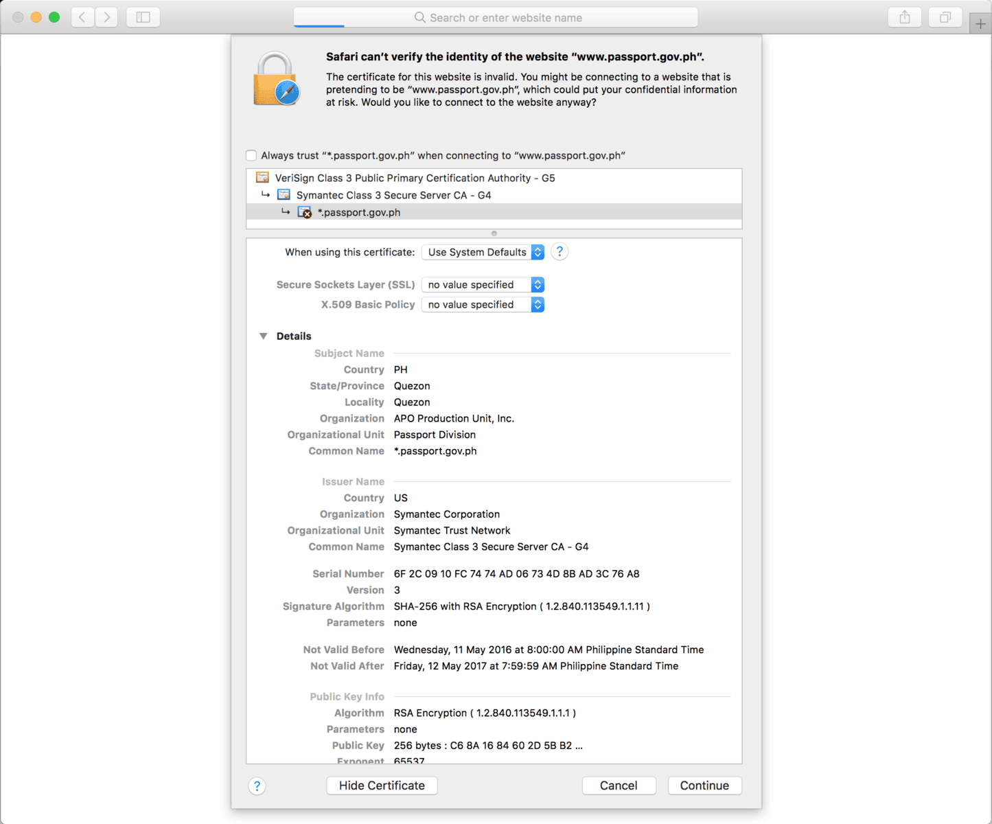 The image was a screenshot of the Safari web browser used when attempting to load passport.gov.ph