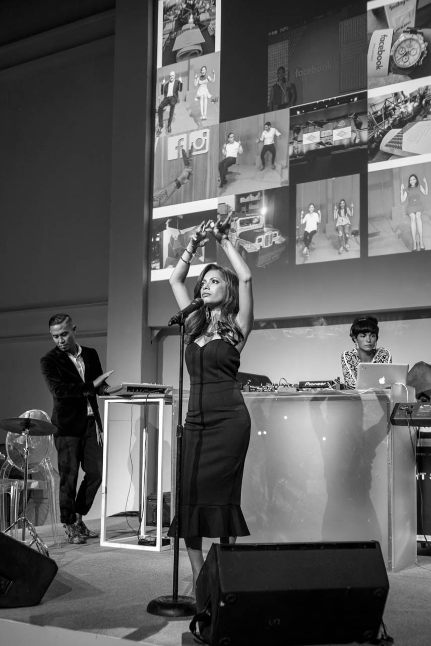Musicians Kat Agarrado (vocals), Miss Badkiss (DJ) and Marcus Salcedo Maguigad (percussions), performing at the launch event of Facebook for Business Philippines.