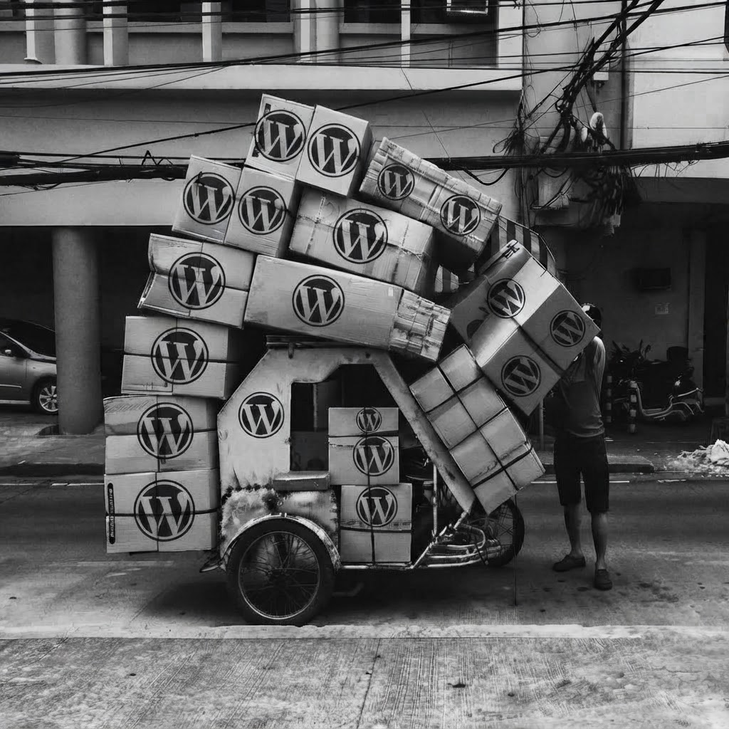 WordPress websites in boxes in a cart for shipping out